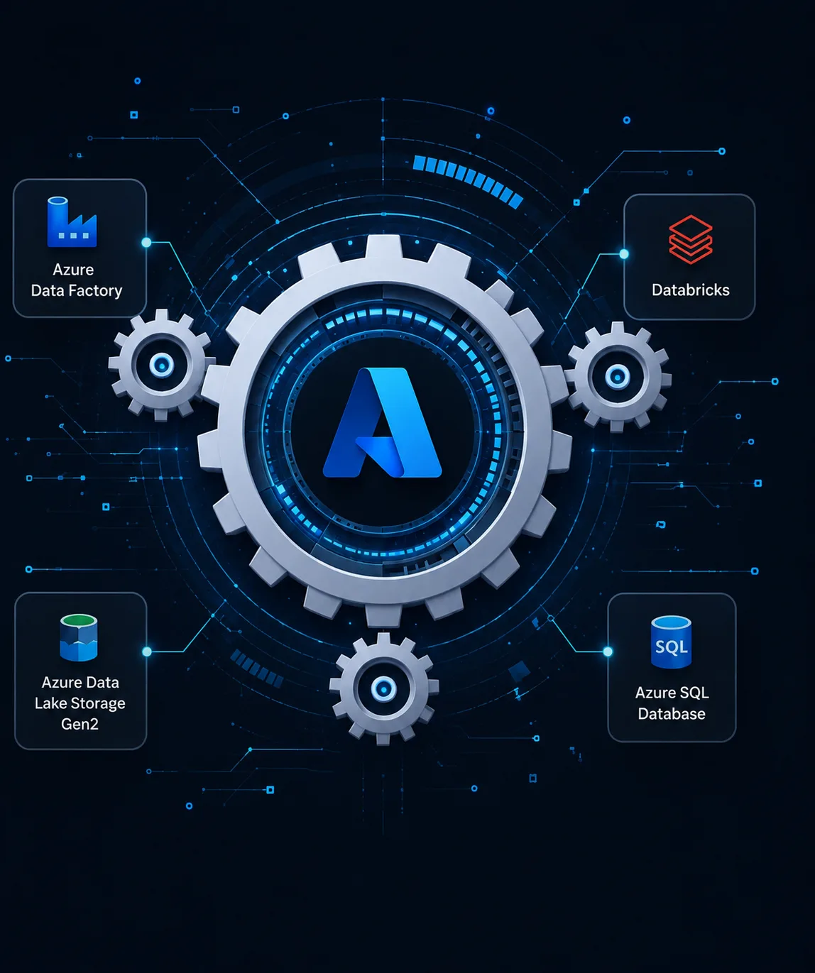 Azure Data Engineering illustration featuring Azure Data Factory, Databricks, Data Lake Storage and Azure SQL
