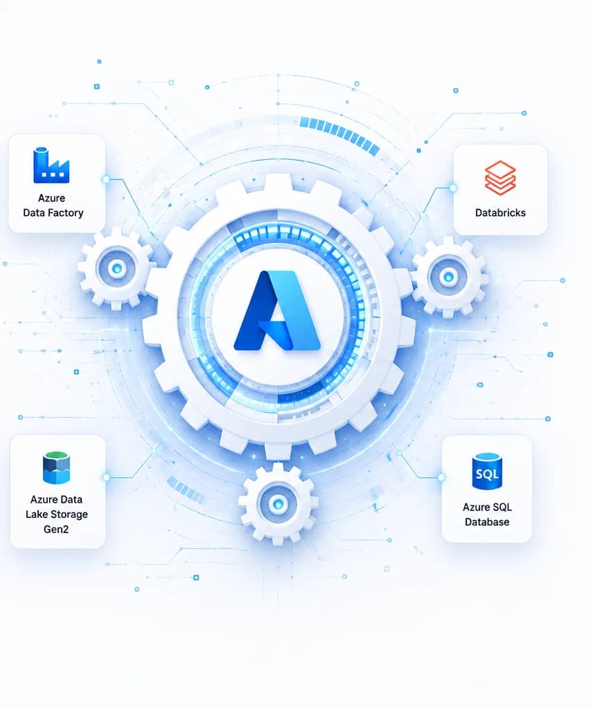 Azure Data Engineering illustration featuring Azure Data Factory, Databricks, Data Lake Storage and Azure SQL